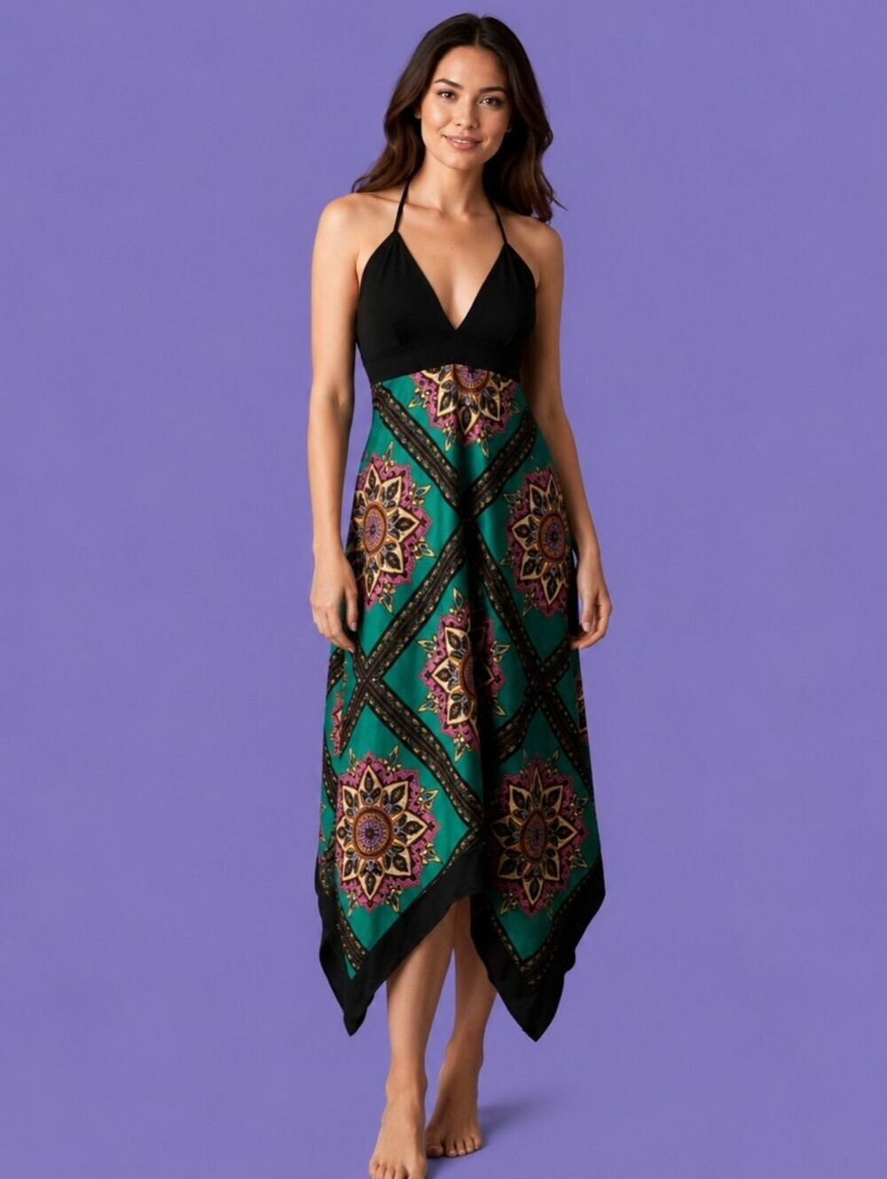 I.N. SAN FRANCISCO Assymetric Halter Satin Ethnic Handkerchief Sharkbite Dress